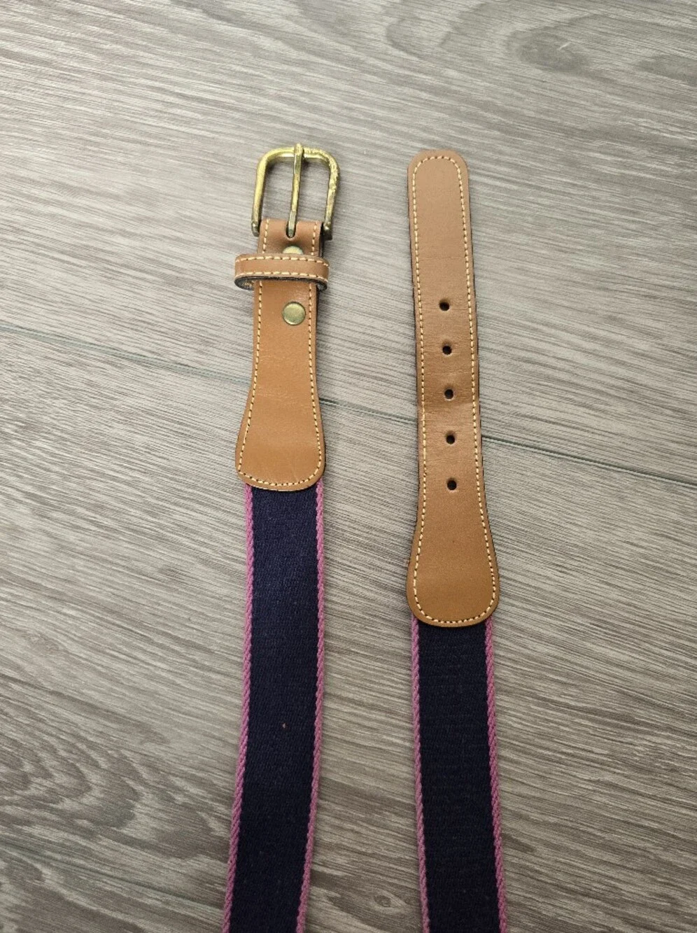 GANT Belt Pink Navy Striped Canvas Leather Tab Brass Buckle Preppy Made USA 36